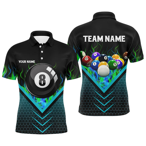 Maxcorners Personalized Fire Hive Blue 8 Ball Billiard 3D Polo Shirts For Men, Custom Pool Balls Team Jerseys