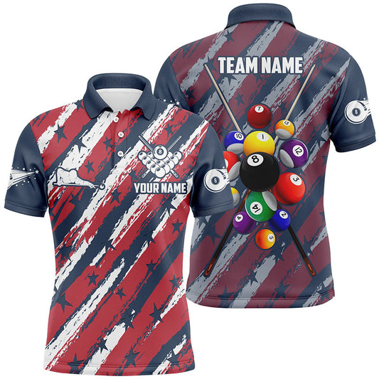 Maxcorners US Flag 8 Ball Pattern Billiards Billiard Pool Team Jerseys Polo & 1/4 Zip