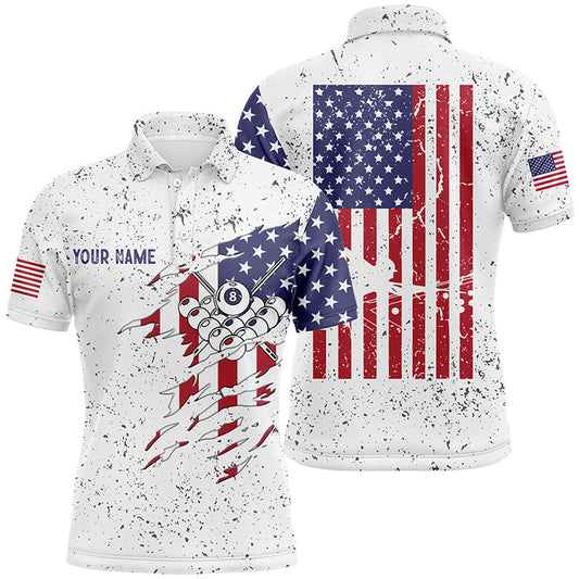 Maxcorners Personalized Billiard Balls US Flag White Grunge Polo Shirts For Men, Custom Billiard Pool Shirts