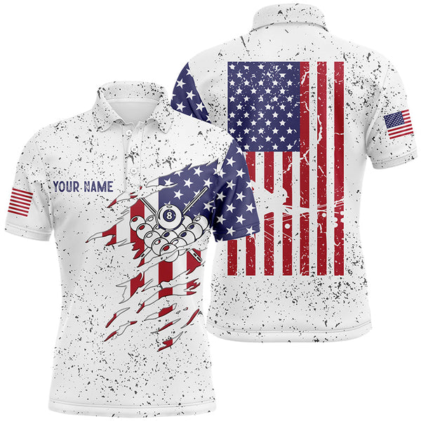 Maxcorners Personalized Billiard Balls US Flag White Grunge Polo Shirts For Men, Custom Billiard Pool Shirts
