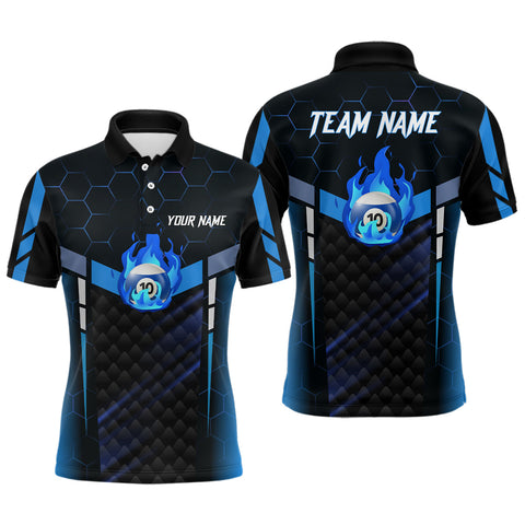 MaxCorners Blue Fire 10 Ball Customized Name 3D Billiard Polo Shirt For Men