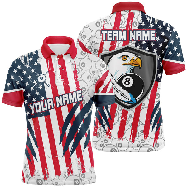 MaxCorners Bald Eagles Head Mascot 8 Ball Pool Pattern Us Flag Customized Name 3D Billiard Polo Shirt For Men