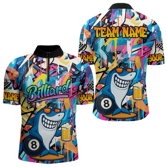 Maxcorners Funny Shark Colorful Graffiti Style Custom 8 Ball Billiard Shirt For Men Best Billiard Team Jersey