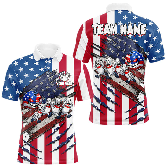 Maxcorners American Flag Funny Bowling Shirt For Men Custom Patriotic Bowling Polo & 1/4 Zip Team Shirts LM0404
