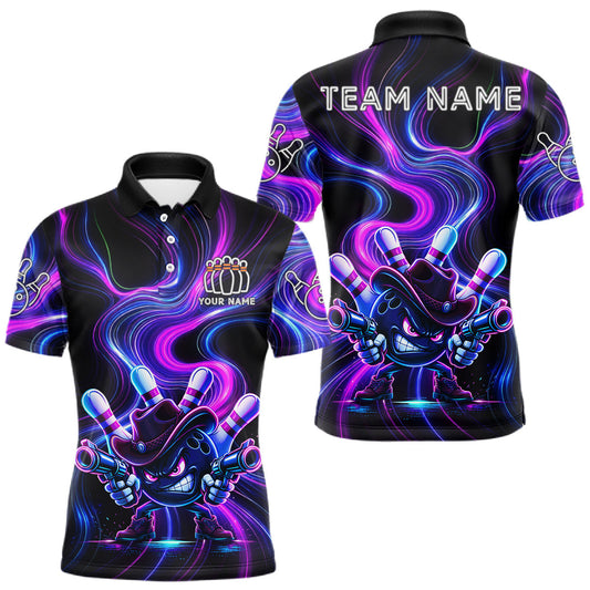 Maxcorners Custome Neon Blue Purple Funny Bowling Shirt For Men, Bowling League Team Jersey Polo & 1/4 Zip LM0404