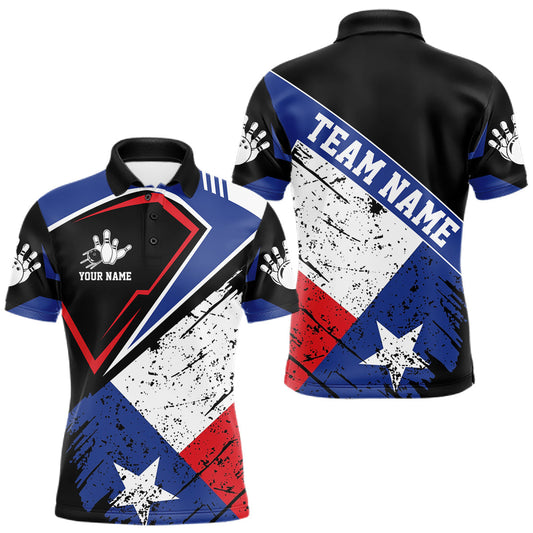 Maxcorners Personalized Grunge Texas Flag Bowling Jersey For Men, Patriotic Bowling Team Shirt Polo & Quarter Zip