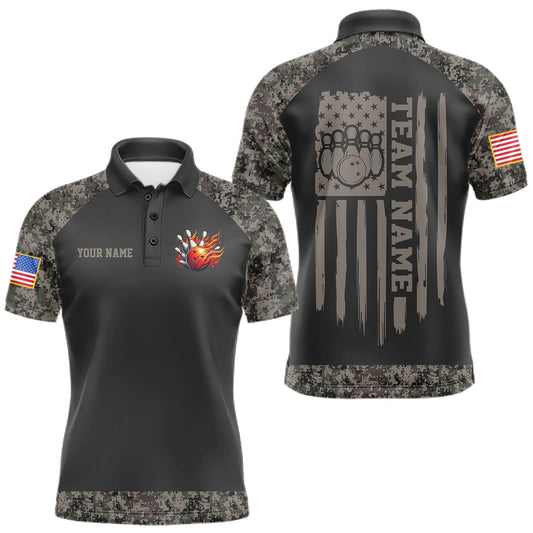 Maxcorners Personalized Retro Camo US Flag Bowling Shirts For Men Custom Patriotic Bowling League Team Jersey LM0607