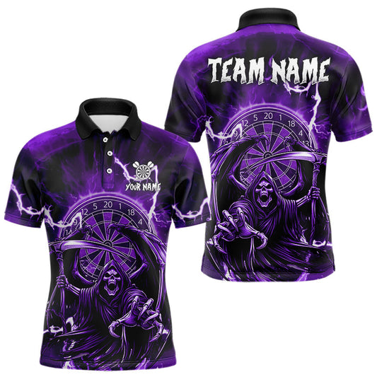 Maxcorners Purple Grim Reaper Lightning 3D Darts Shirt For Men Custom Darts Jersey Team Polo & 1/4 Zip LM1903