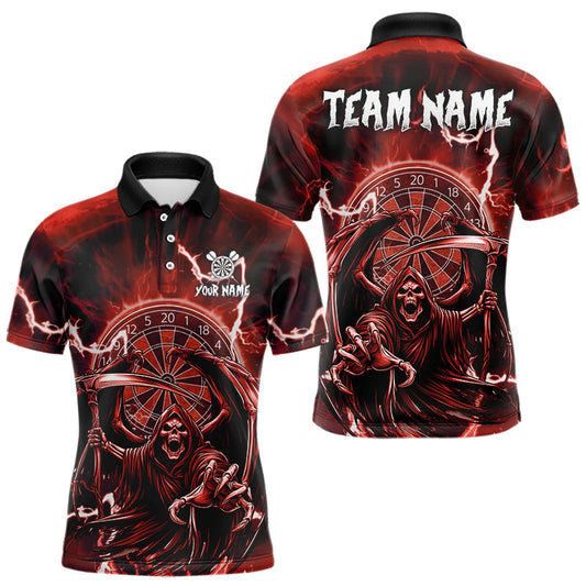 Maxcorners Red Grim Reaper Lightning 3D Darts Shirt For Men Custom Darts Jersey Team Polo & 1/4 Zip LM1903