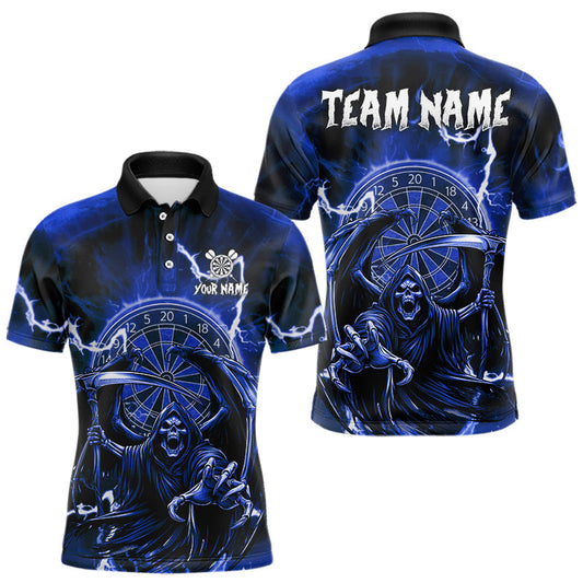 Maxcorners Blue Grim Reaper Lightning 3D Darts Shirt For Men Custom Darts Jersey Team Polo & 1/4 Zip LM1903