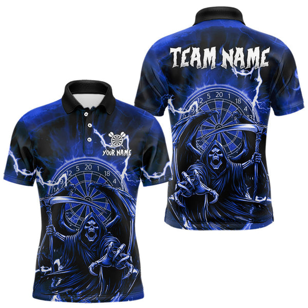 Maxcorners Blue Grim Reaper Lightning 3D Darts Shirt For Men Custom Darts Jersey Team Polo & 1/4 Zip TU0710