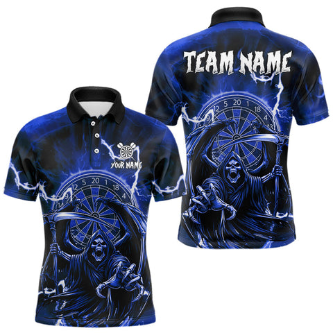 Maxcorners Blue Grim Reaper Lightning 3D Darts Shirt For Men Custom Darts Jersey Team Polo & 1/4 Zip TU0710