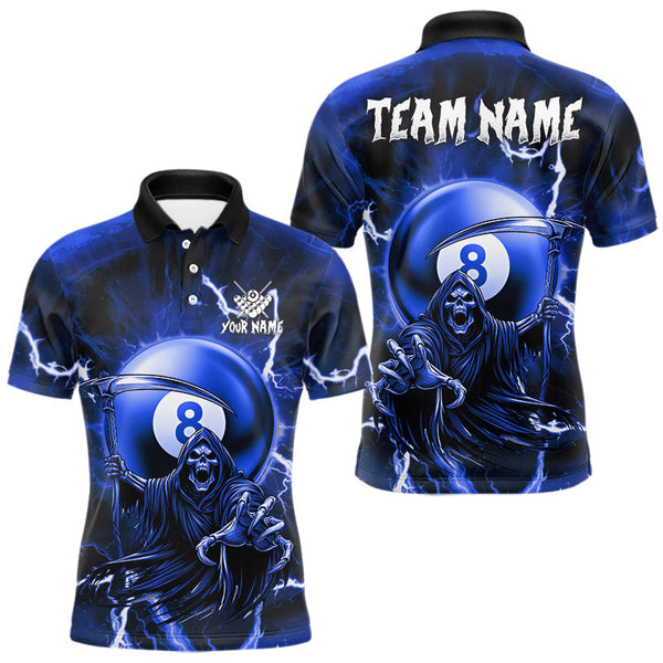Maxcorners Blue Grim Reaper 8 Ball Billiard Shirt For Men Custom Lightning Pool Team Jersey Polo & 1/4 Zip TU0710