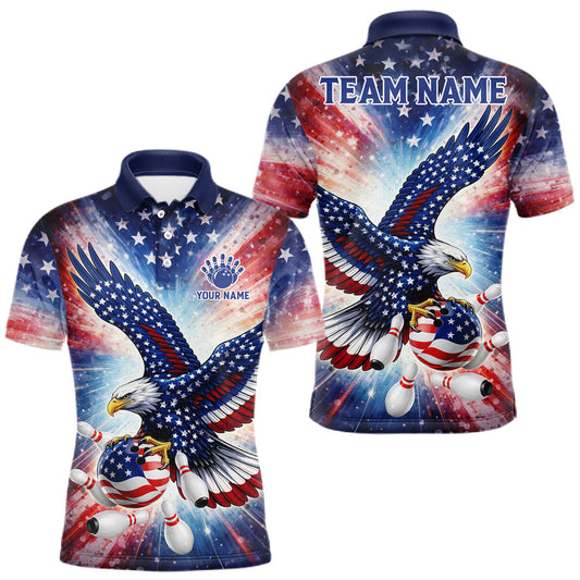 Maxcorners American Flag Eagle Bowling Polo & 1/4 Zip Shirts For Men Custom Patriotic Bowling Team Jersey LM0404