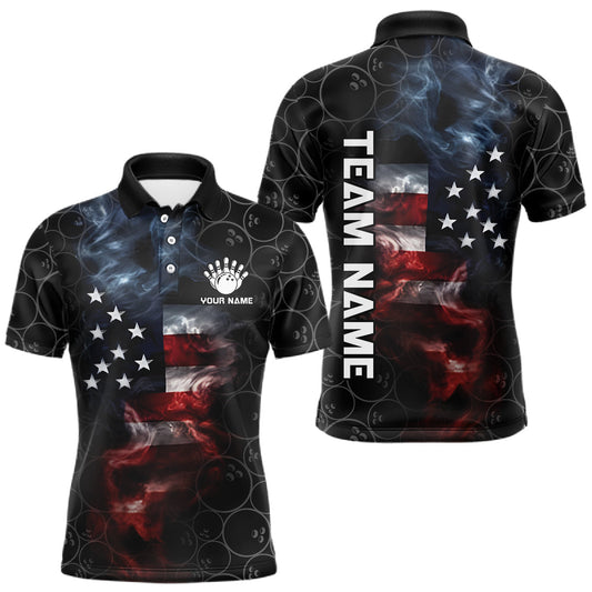 Maxcorners Custom American Flag Smoke Bowling Shirt For Men, Patriotic Bowling Jersey Team Polo & 1/4 Zip LM0404