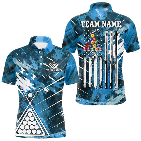 Maxcorners Blue Grunge US Flag Billiard Shirt For Men Custom 8 Ball Pool Team Shirt, Funny Billiard Jersey LM0910