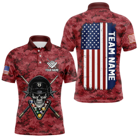 Maxcorners Personalized Red Camo Skull Billiard Shirt For Men Custom Patriotic US Flag Pool Team Jersey LM0611