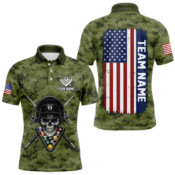Maxcorners Personalized Military Green Camo Skull Billiard Shirt For Men, Patriotic US Flag Pool Team Jersey LM0611