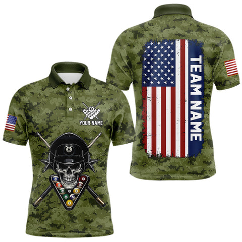 Maxcorners Personalized Military Green Camo Skull Billiard Shirt For Men, Patriotic US Flag Pool Team Jersey LM0611