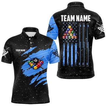 Maxcorners Custom Grunge American Flag 8 Ball Billiard Polo & 1/4 Zip For Men, Pool Team Jersey |Blue