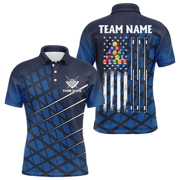 Maxcorners Personalized Blue Grunge American Flag Men Billiard Polo Shirts Custom Pool Player Jersey Shirts LM054