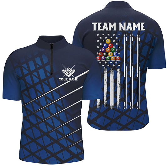 Maxcorners Personalized Blue Grunge American Flag Men Billiard Polo Shirts Custom Pool Player Jersey Shirts LM054