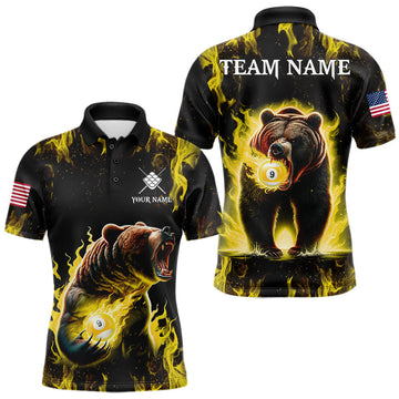 Maxcorners Custom Yellow Flaming 9 Ball Pool Bear Billiard Shirts For Men, Pool Team Jersey Polo & 1/4 Zip LM0607
