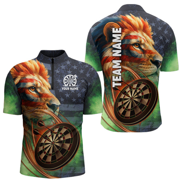 Maxcorners Personalized American Flag Lion Dart Shirts For Men Custom Grunge Patriotic Darts Team Jerseys LM1506