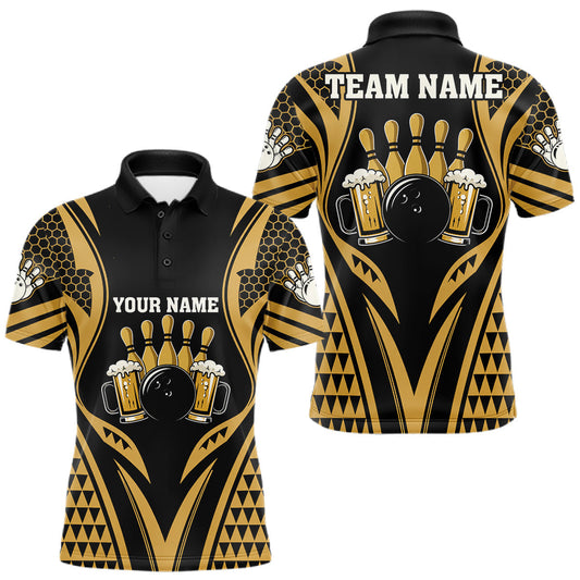 Maxcorners Black And Gold Tribal Beer Bowling Shirts For Men Custom Bowling Polo, Quarter Zip Team Jersey LM0706