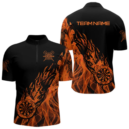 Maxcorners Black And Orange Fire Flame Darts Polo & Quarter Zip Custom Dart Shirt For Men Dart Jerseys