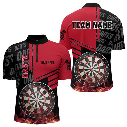 Maxcorners Black And Red Fire Darts Shirts For Men Custom Darts League Team Jerseys Darts Polo & 1/4 Zip