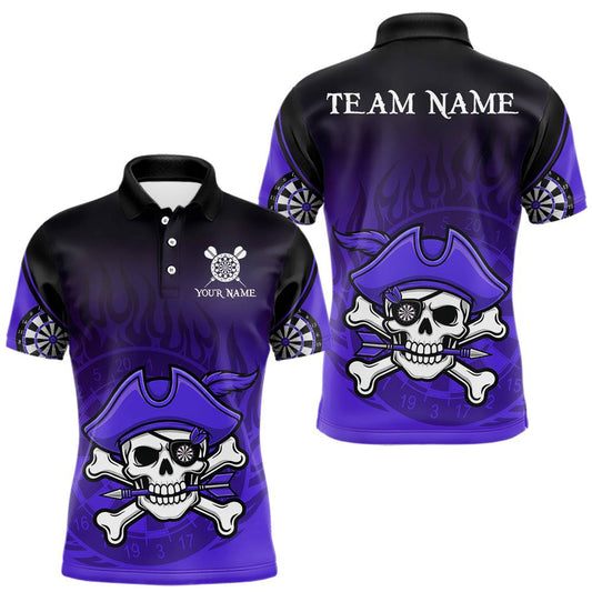 Maxcorners Black Purple Funny Pirate Flame Skull Darts Shirt For Men Custom Dart Jerseys Team Polo & 1/4 Zip LM0901
