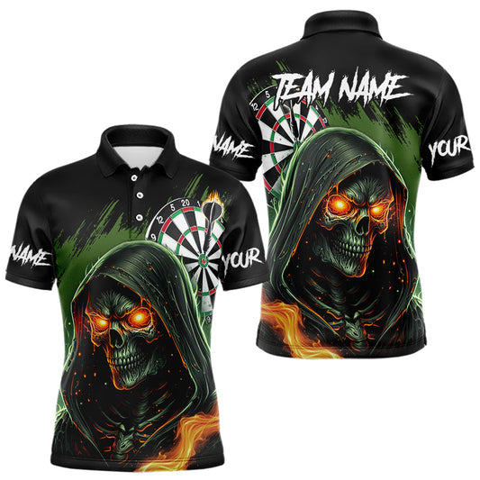 Maxcorners Personalized Green Grim Reaper Fire Dart Shirts For Men Custom Skull Dart Jersey Polo & 1/4 Zip LM2512
