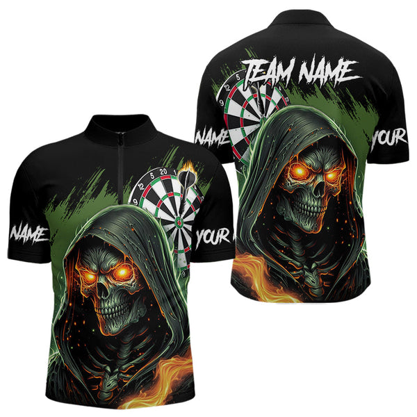 Maxcorners Personalized Green Death Skeleton Fire Dart Shirts For Men Custom Skull Dart Jersey Polo & 1/4 Zip