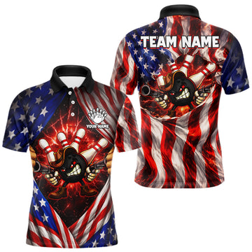 Maxcorners Glowing American Flag Funny Bowling Shirt For Men Custom Patriotic Bowling Jersey Polo & 1/4 Zip LM2704