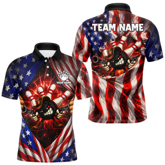 Maxcorners Glowing American Flag Funny Bowling Shirt For Men Custom Patriotic Bowling Jersey Polo & 1/4 Zip LM2704