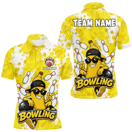 Maxcorners Funny Yellow Bowling Banana Polo & Quarter Zip For Men Custom Bowling Team Shirt, Bowling Jersey