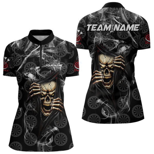 Maxcorners Personalized Skull Dartboard Smoke Pattern Black Dart Shirts For Men Dart Jerseys Polo & 1/4 Zip LM0803