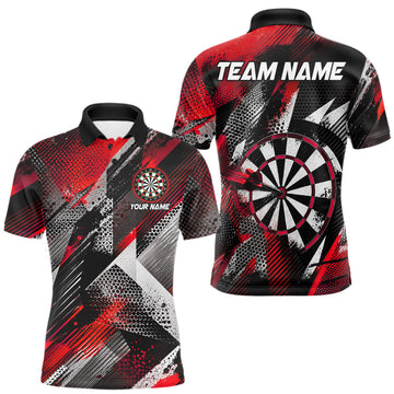 Maxcorners Personalized Red Geometric Grunge Darts Shirt For Men Custom Darts Team Jersey Polo & 1/4 Zip LM1005