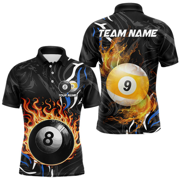 Maxcorners Personalized 8 Ball & 9 Ball Fire Flame Men Billiard Shirt, Billiard Jersey For Team Pooler |Blue MT0811