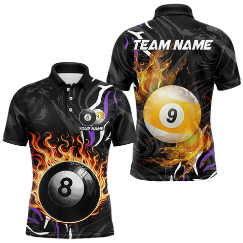Maxcorners Personalized 8 Ball & 9 Ball Fire Flame Men Billiard Shirt, Billiard Jersey For Team Pooler|Purple MT0811