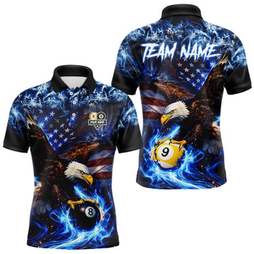 Maxcorners Blue Flaming Eagle 8 Ball 9 Ball Pool Billiard Shirt For Men Custom American Flag Billiard Jersey LM1104