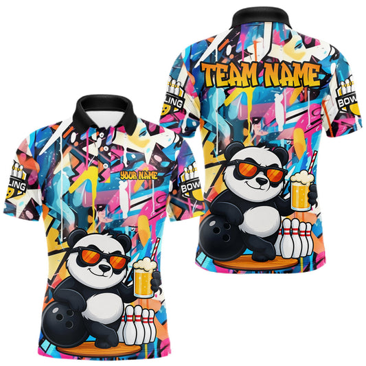 Maxcorners Funny Panda Colorful Graffiti Bowling Shirts For Men, Best Bowling Team Jersey Polo & 1/4 Zip LM1005