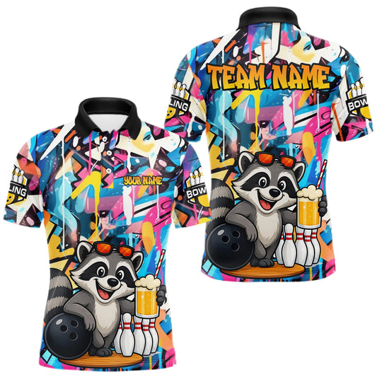Maxcorners Funny Raccoon Colorful Graffiti Bowling Shirts For Men, Best Bowling Team Jersey Polo & 1/4 Zip LM1005