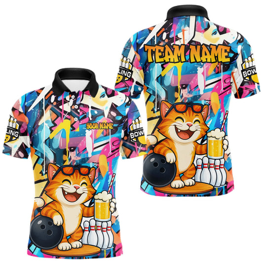 Maxcorners Funny Cat Colorful Graffiti Bowling Shirts For Men, Best Bowling Team Jersey Polo & 1/4 Zip LM1005