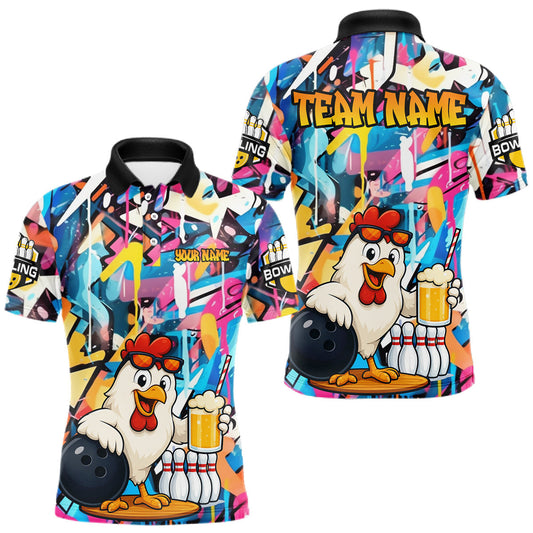 Maxcorners Funny Chicken Colorful Graffiti Bowling Shirts For Men, Best Bowling Team Jersey Polo & 1/4 Zip LM1005