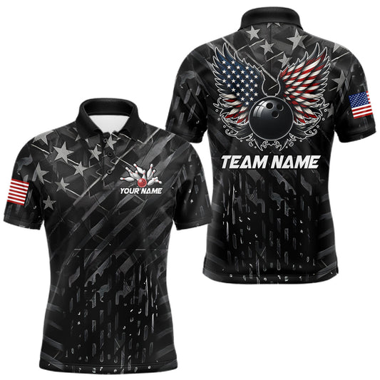 Maxcorners Black American Flag Bowling Wings Polo & Quarter Zip Shirts For Men, Patriotic Bowling Team Jersey