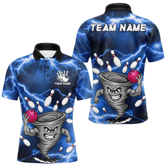 Maxcorners Custom Blue Bowling Jersey Thunder Lightning Funny Tornado Bowling Polo, Quarter Zip Shirt For Men