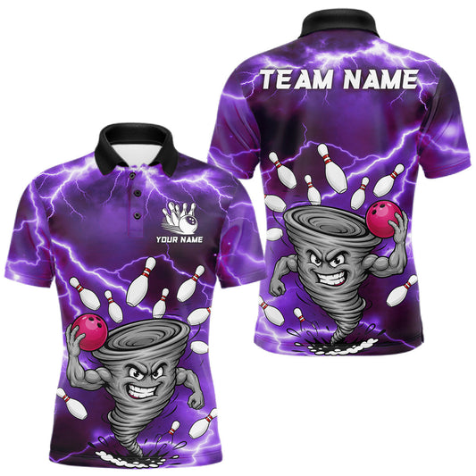 Maxcorners Custom Purple Bowling Jersey Thunder Lightning Funny Tornado Bowling Polo, Quarter Zip Shirt For Men