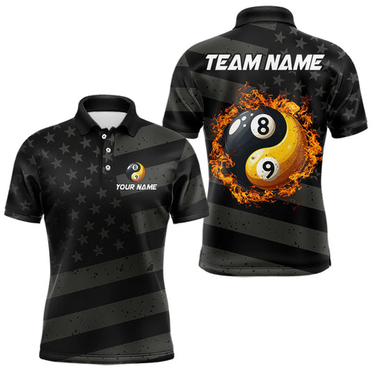 Maxcorners Black US Flag Yin-Yang 8 Ball & 9 Ball Custom Billiard Shirts For Men, Billiard Team Jersey LM1112